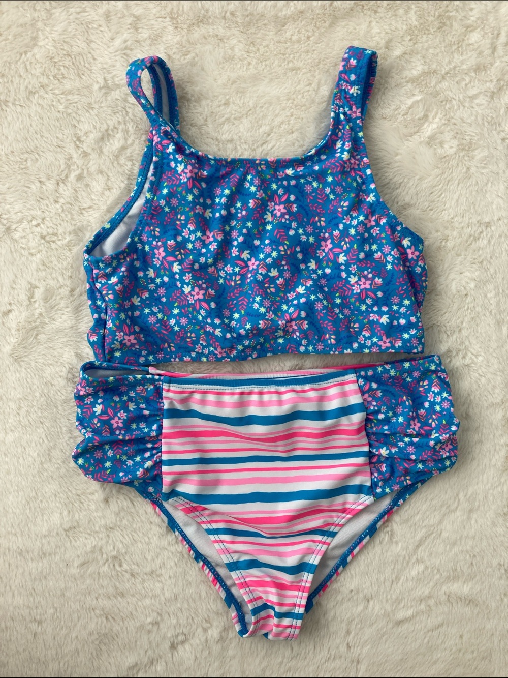 SALE! Tommy Bahama Girls Floral Top & Striped High-Waist Bikini Blue & Pink 12